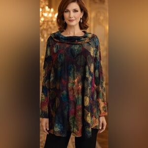 Ali Miles SZ S Abstract Art Textured Detail Tunic Cowl Neck